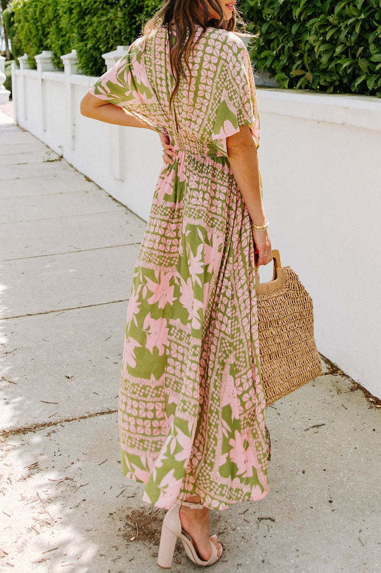 Printed Deep V-Neck Split Hem Dress