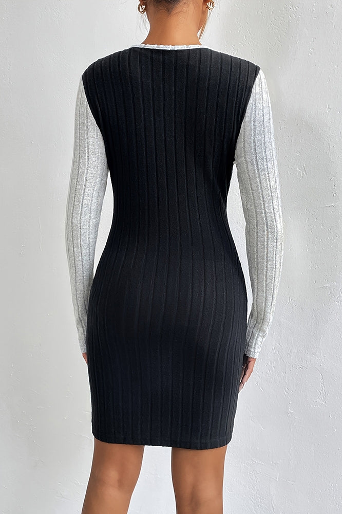 Sexy Classical Round-Neck Color Contrast Long Sleeve Dresses