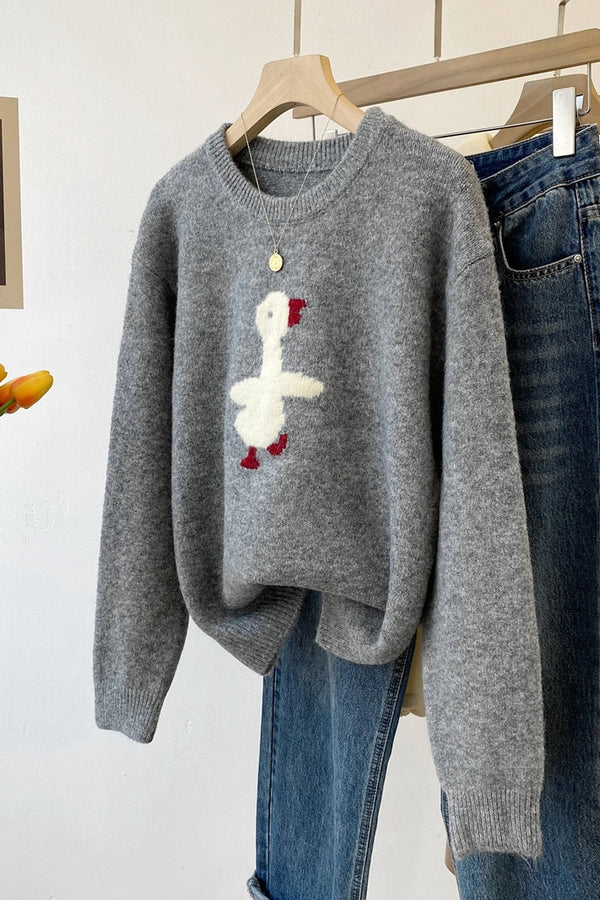 Cartoon Bird Round-Neck Knit Sweater – Korean Style