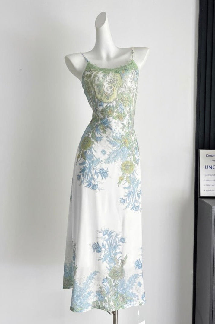 U-Neck Green Floral Cami Maxi Dress