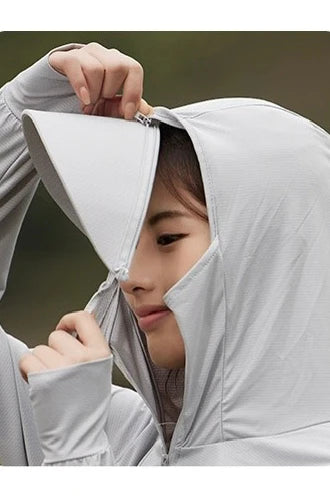 Women’s UPF 50+ Ice Silk Sun Protection Jacket – Cooling, Lightweight, Detachable Hood & Ponytail Slot