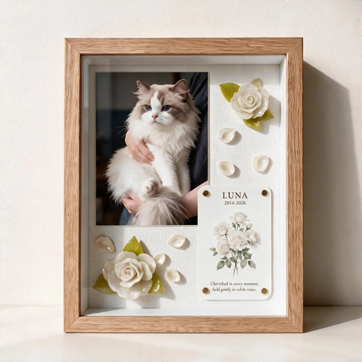 Example white rose pet memorial shadow box with a pet photograph, personalized card and dimensional flowers