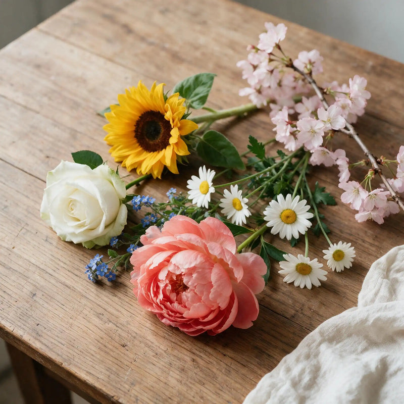 Six remembrance flowers arranged on a wooden table for a pet memorial flower meaning guide