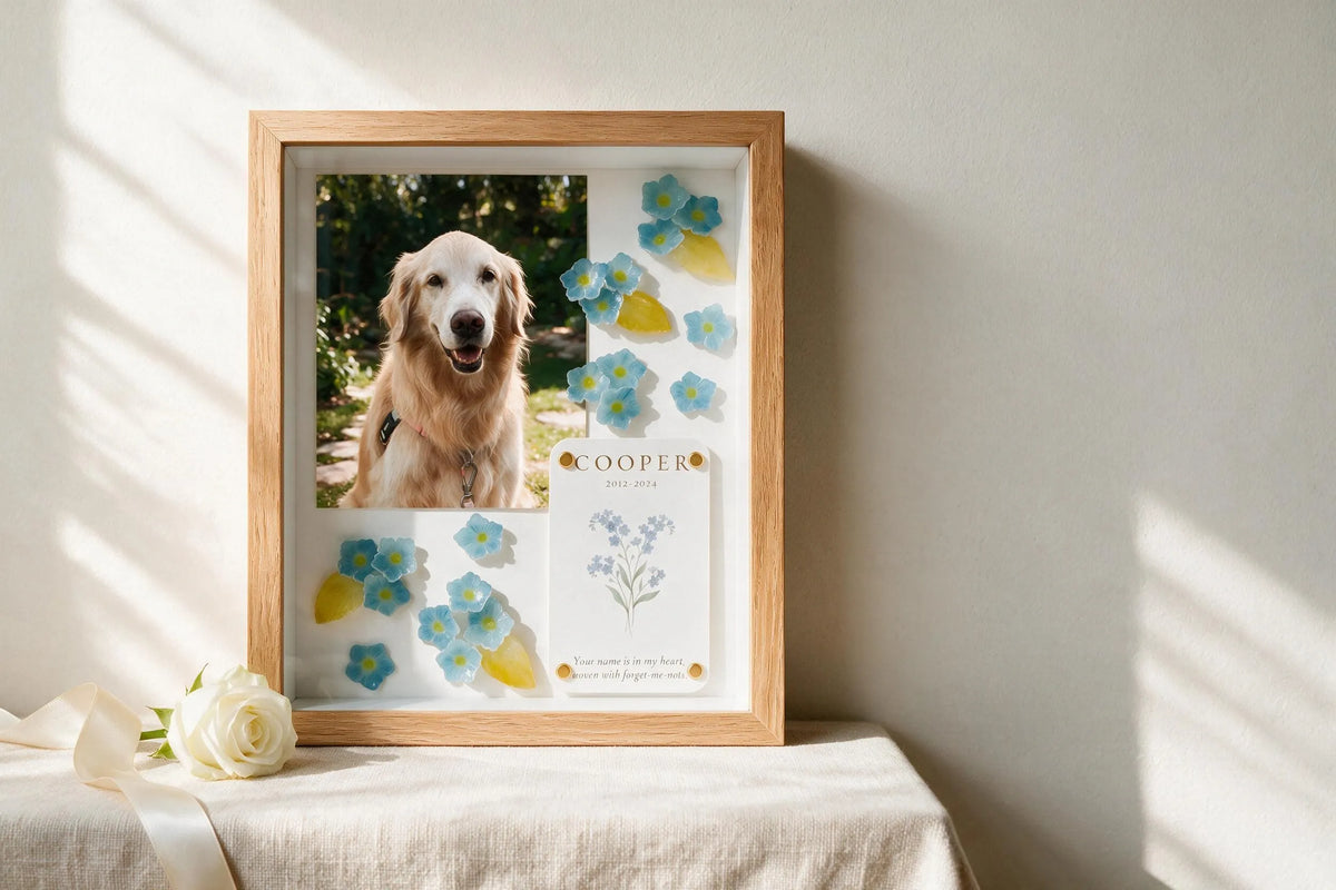 Personalized forget-me-not pet memorial shadow box with a golden retriever photo, name, dates, and a short remembrance message