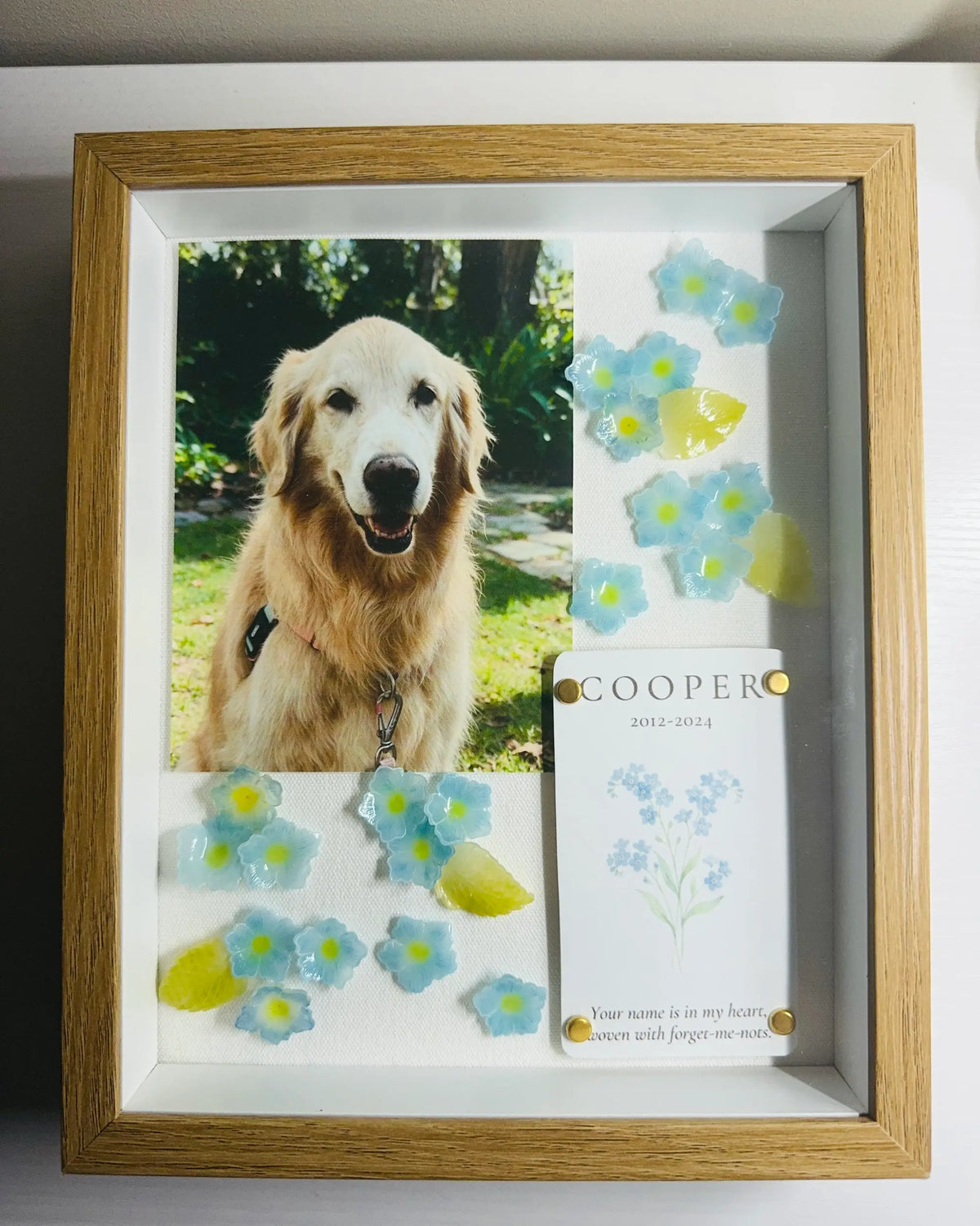 Finished pet memorial shadow box with a golden retriever photograph, handmade flowers, and personalized card