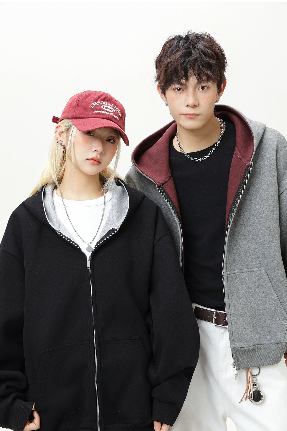 Contrast-Color Zip-Up Hoodie