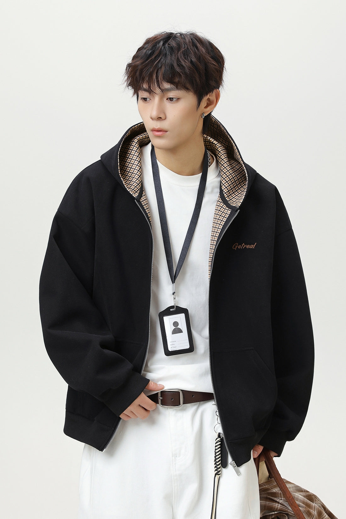 Men’s Houndstooth Contrast Zip-Up Hoodie
