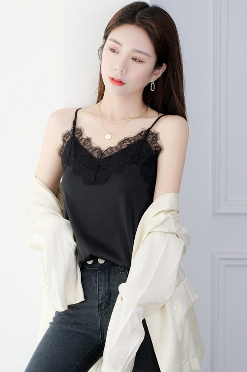 Eyelash Lace Satin Camisole Top – Elegant & Comfortable Sleepwear