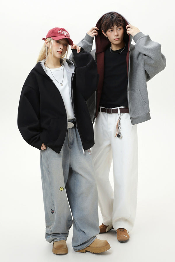 Contrast-Color Zip-Up Hoodie