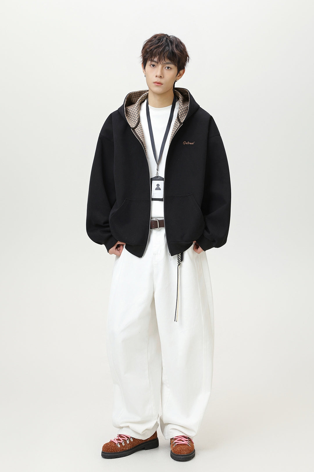 Men’s Houndstooth Contrast Zip-Up Hoodie