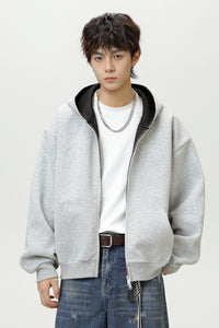 Contrast-Color Zip-Up Hoodie