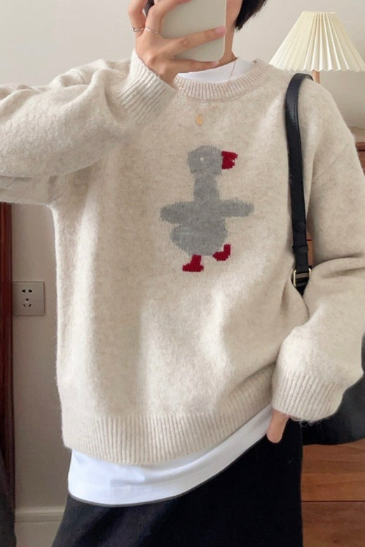 Cartoon Bird Round-Neck Knit Sweater – Korean Style