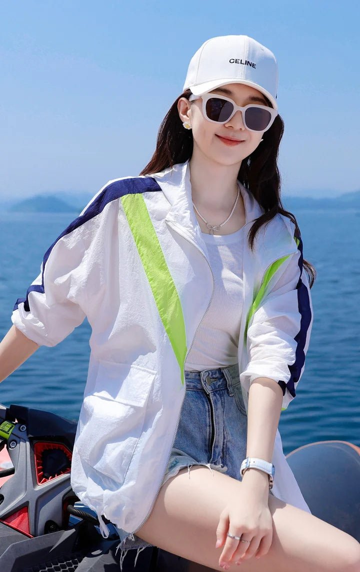 Women’s Colorblock Lightweight Sun Protection Jacket – Breathable, Wind-Resistant, Stylish Layering Piece