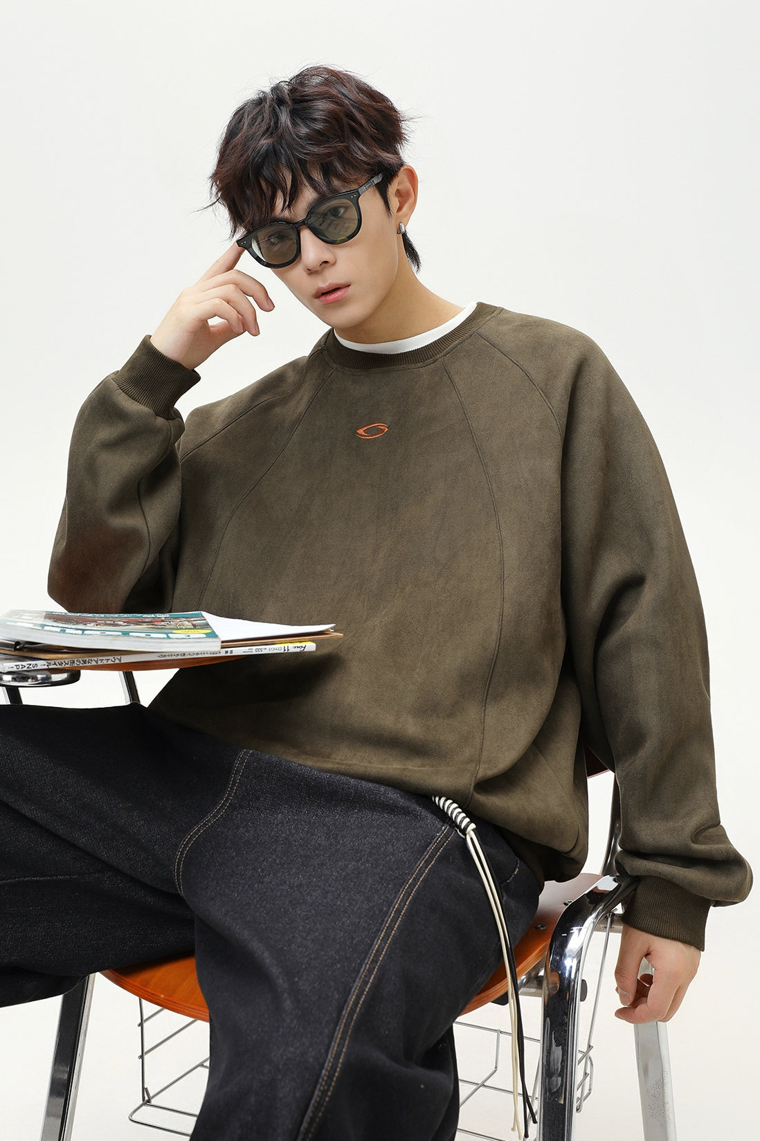 Men’s Faux Suede Crew Neck Sweatshirt – Heavyweight Fall & Winter Pullover