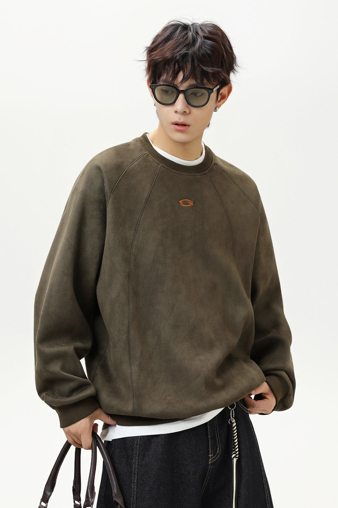 Men’s Faux Suede Crew Neck Sweatshirt – Heavyweight Fall & Winter Pullover