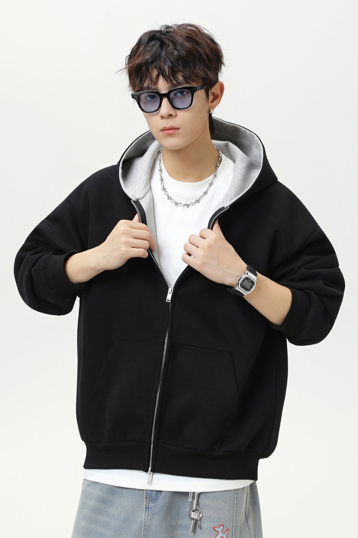 Contrast-Color Zip-Up Hoodie