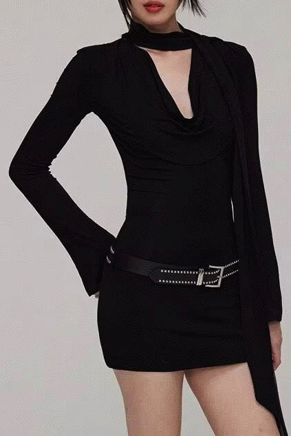 Black Slim Fit Long-Sleeve Mini Dress