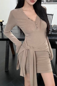 V-Neck Long Sleeve Mini Dress