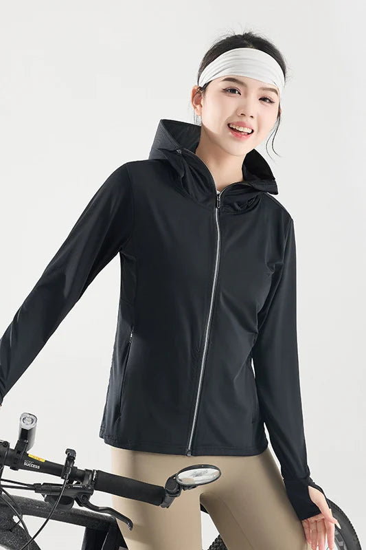 Women’s UPF 50+ Ice Silk Cooling Sun Protection Jacket – Breathable Face Cover & Detachable Black-Coated Hood