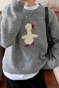 Cartoon Bird Round-Neck Knit Sweater – Korean Style