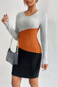 Sexy Classical Round-Neck Color Contrast Long Sleeve Dresses