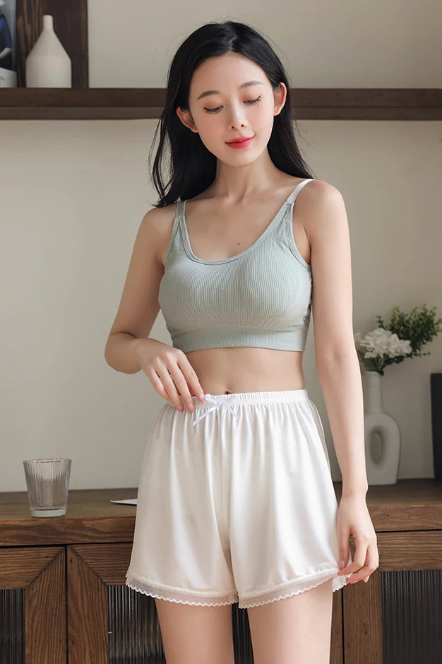 Women’s Loose Fit Ice Silk Lace Trim Safety Shorts – Anti-Exposure, Cooling & Breathable