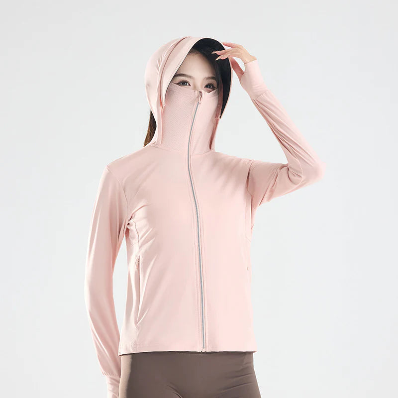 Women’s UPF 50+ Ice Silk Cooling Sun Protection Jacket – Breathable Face Cover & Detachable Black-Coated Hood