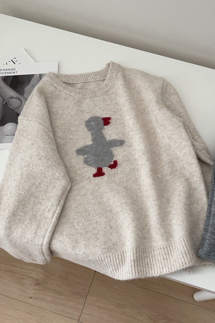 Cartoon Bird Round-Neck Knit Sweater – Korean Style