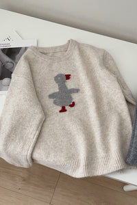 Cartoon Bird Round-Neck Knit Sweater – Korean Style