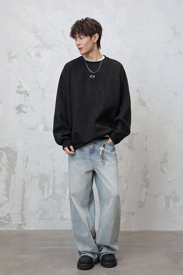 Men’s Faux Suede Crew Neck Sweatshirt – Heavyweight Fall & Winter Pullover