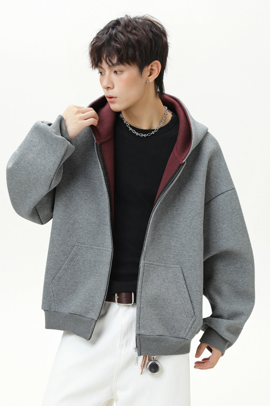 Contrast-Color Zip-Up Hoodie