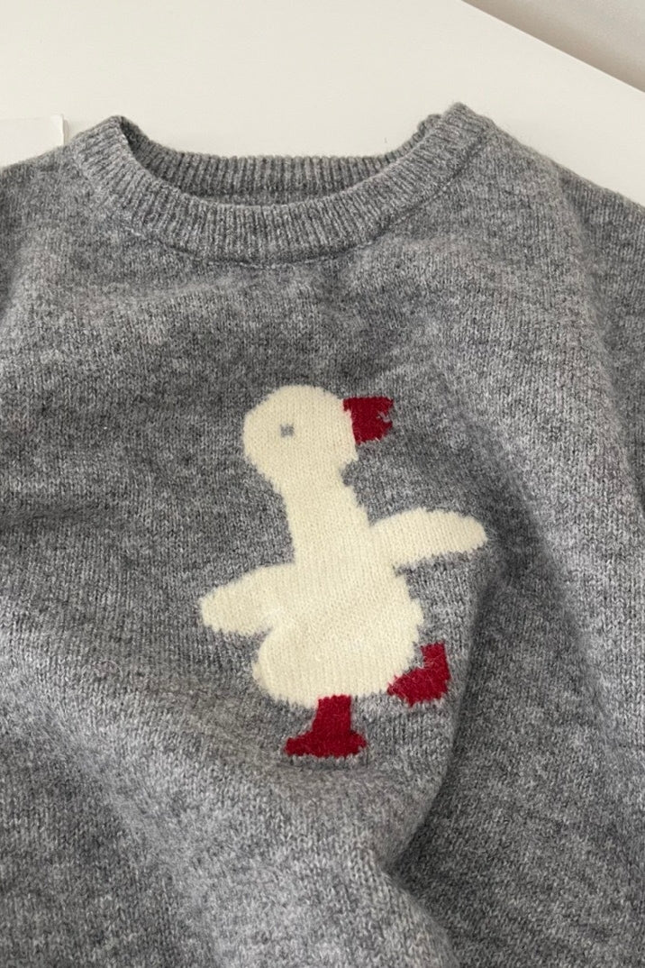 Cartoon Bird Round-Neck Knit Sweater – Korean Style