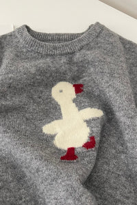 Cartoon Bird Round-Neck Knit Sweater – Korean Style