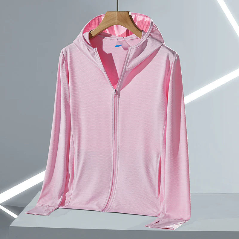 Women’s UPF 50+ Ice Silk Sun Protection Jacket – Cooling, Lightweight, Detachable Hood & Ponytail Slot