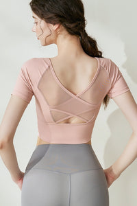 Women’s Short-Sleeve Mesh Cross-Back Workout Top – Breathable & Stylish Athletic Tee
