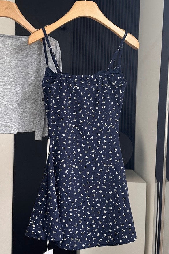Blue Floral Spaghetti Strap Mini Dress
