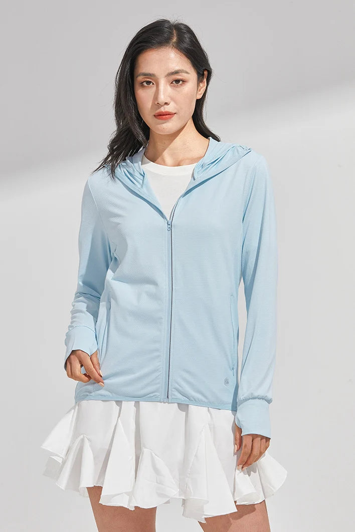 Women’s UPF 50+ Ice Silk Sun Protection Jacket – Cooling, Lightweight, Detachable Hood & Ponytail Slot