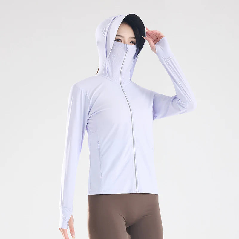 Women’s UPF 50+ Ice Silk Cooling Sun Protection Jacket – Breathable Face Cover & Detachable Black-Coated Hood