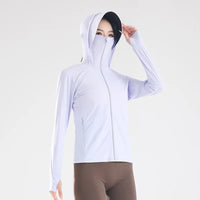 Women’s UPF 50+ Ice Silk Cooling Sun Protection Jacket – Breathable Face Cover & Detachable Black-Coated Hood