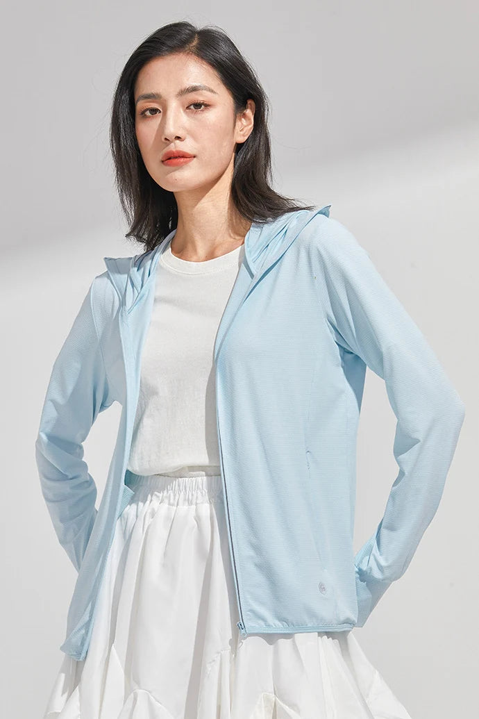 Women’s UPF 50+ Ice Silk Sun Protection Jacket – Cooling, Lightweight, Detachable Hood & Ponytail Slot
