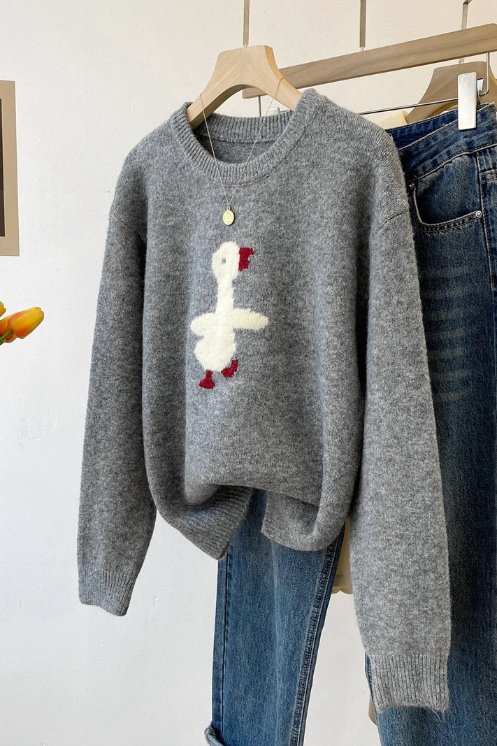 Cartoon Bird Round-Neck Knit Sweater – Korean Style