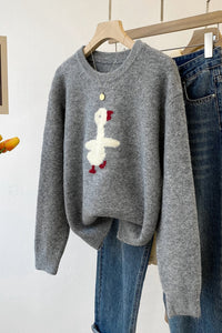Cartoon Bird Round-Neck Knit Sweater – Korean Style