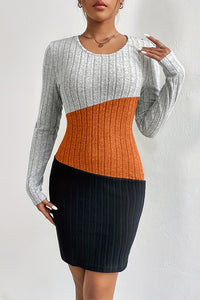 Sexy Classical Round-Neck Color Contrast Long Sleeve Dresses