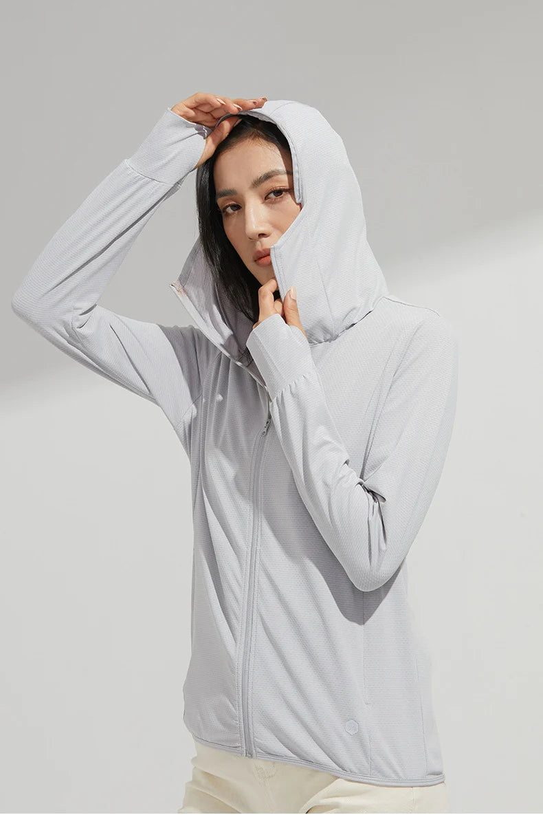 Women’s UPF 50+ Ice Silk Sun Protection Jacket – Cooling, Lightweight, Detachable Hood & Ponytail Slot
