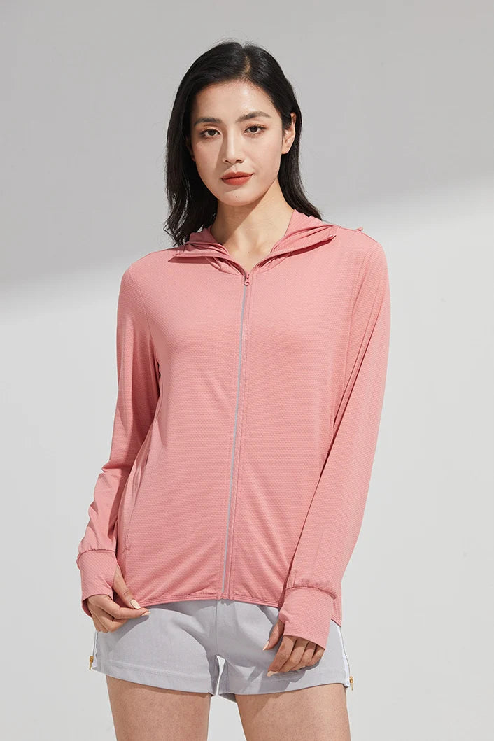 Women’s UPF 50+ Ice Silk Sun Protection Jacket – Cooling, Lightweight, Detachable Hood & Ponytail Slot