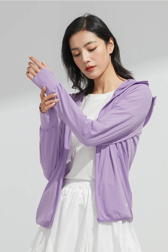 Women’s UPF 50+ Ice Silk Sun Protection Jacket – Cooling, Lightweight, Detachable Hood & Ponytail Slot