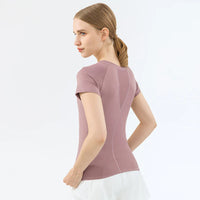 Women’s High-Stretch Yoga Short-Sleeved Sports T-Shirt – Breathable Mesh Back Design