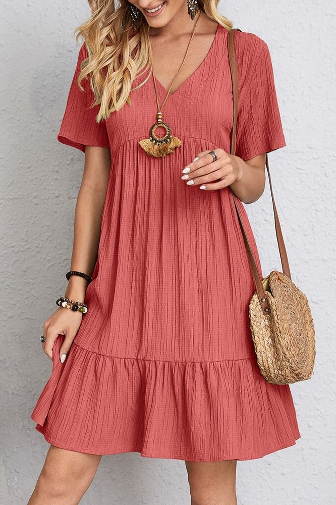 V-Neck Ruffled Short Sleeve Summer Mini Dress