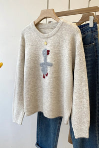 Cartoon Bird Round-Neck Knit Sweater – Korean Style