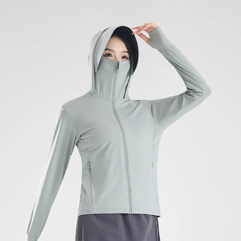Women’s UPF 50+ Ice Silk Cooling Sun Protection Jacket – Breathable Face Cover & Detachable Black-Coated Hood